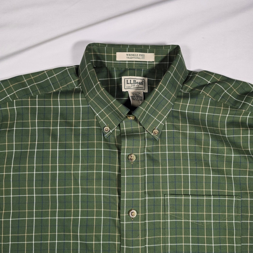 LL Bean Mens Large Tall Green Plaid Wrinkle Free Traditional Fit Shirt